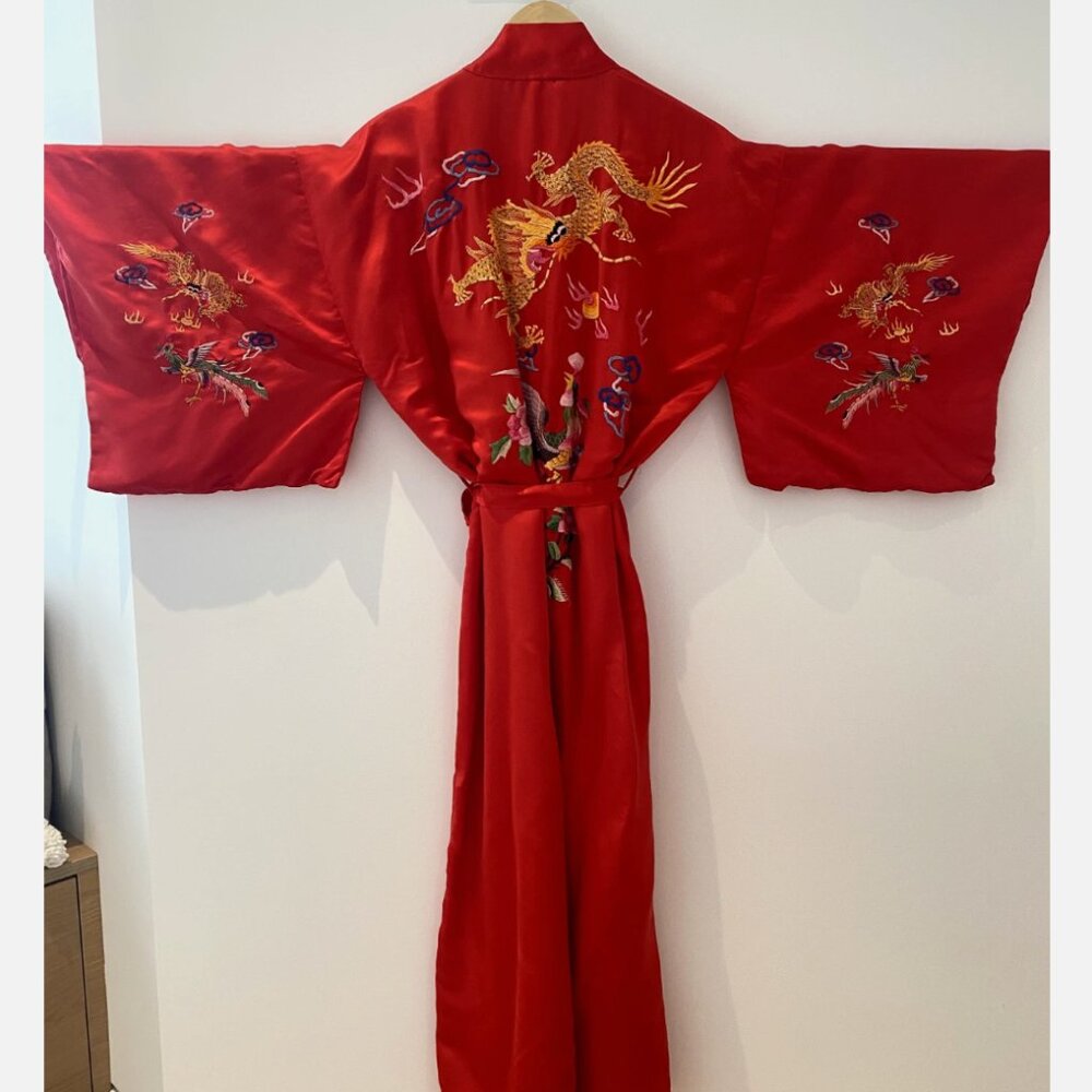 Vintage Golden Bee Red Silk Embroidered Dragon Phoenix Robe Kimono Festival L